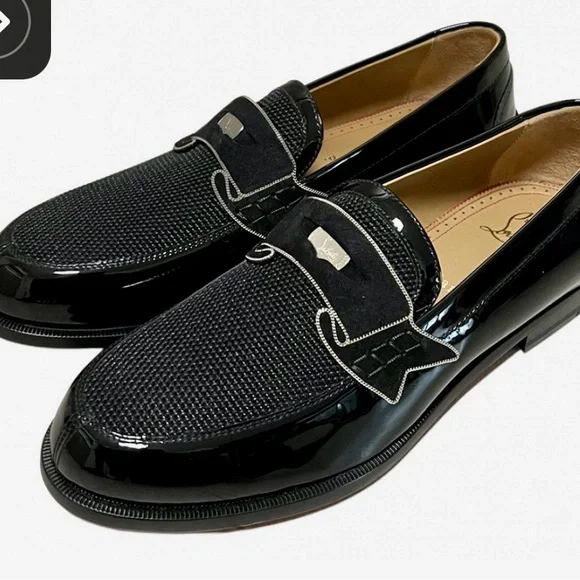 Christian Louboutin Gray Embroidered Crest Studded Toe Havanana Loafers as Is* Christian Louboutin Embroidered Crest Studded Striped  main image 4